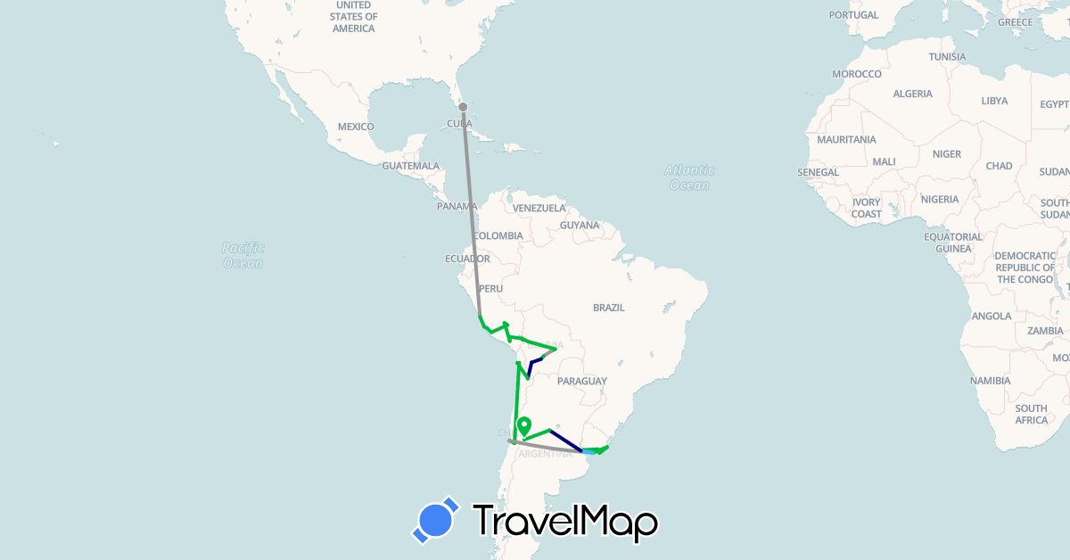 TravelMap itinerary: driving, bus, plane, boat in Argentina, Bolivia, Chile, Peru, United States, Uruguay (North America, South America)